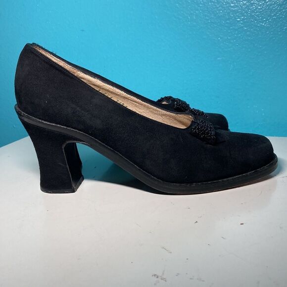Vintage Black Kenneth Cole Heels Size 8.5 Leather & Suede with Beaded Bow - Picture 2 of 12
